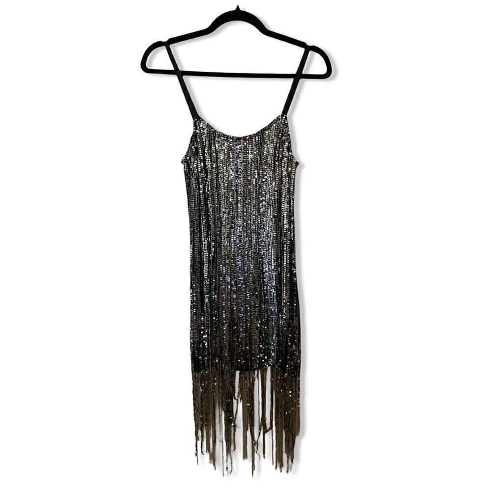 AMEN silver fringe dress black silver mini beaded cocktail party S New $1755 - Picture 7 of 14